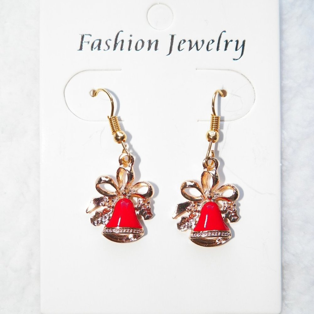 Gold Christmas Bell Drop Earrings Enamel 3/4"